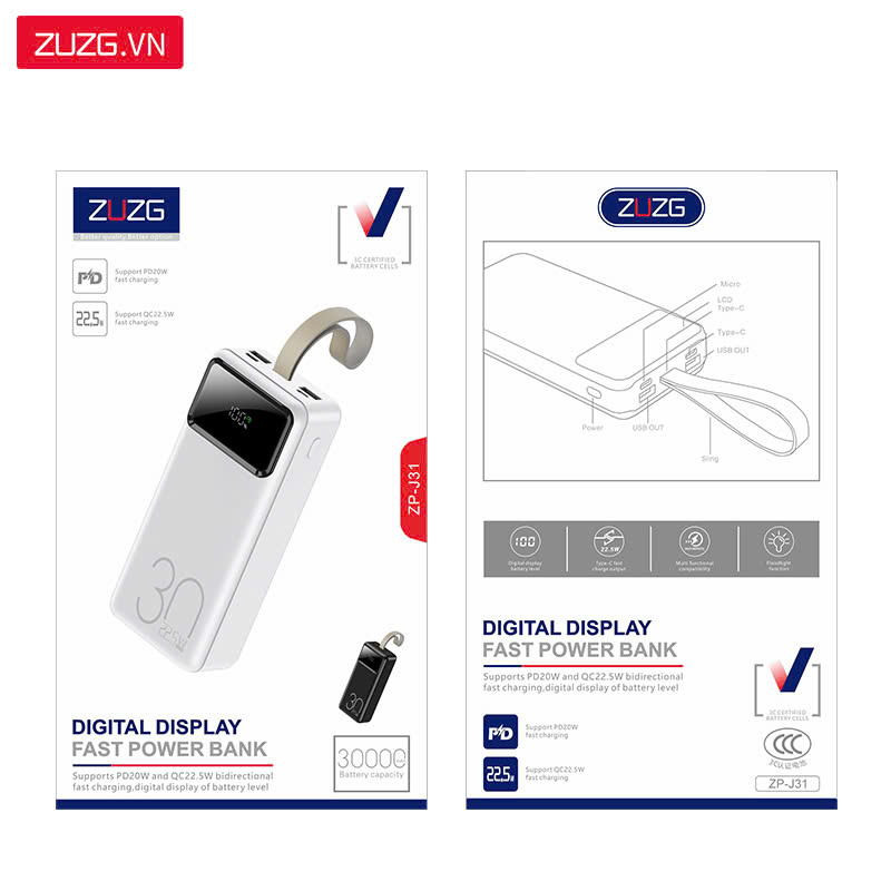 Sạc dự phòng 30000mAh có đèn ZUZG - J31